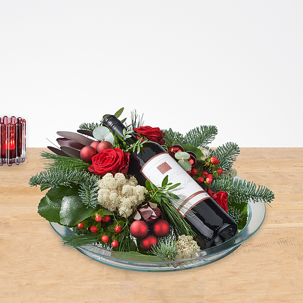 Bloemstuk Kerst met rode wijn